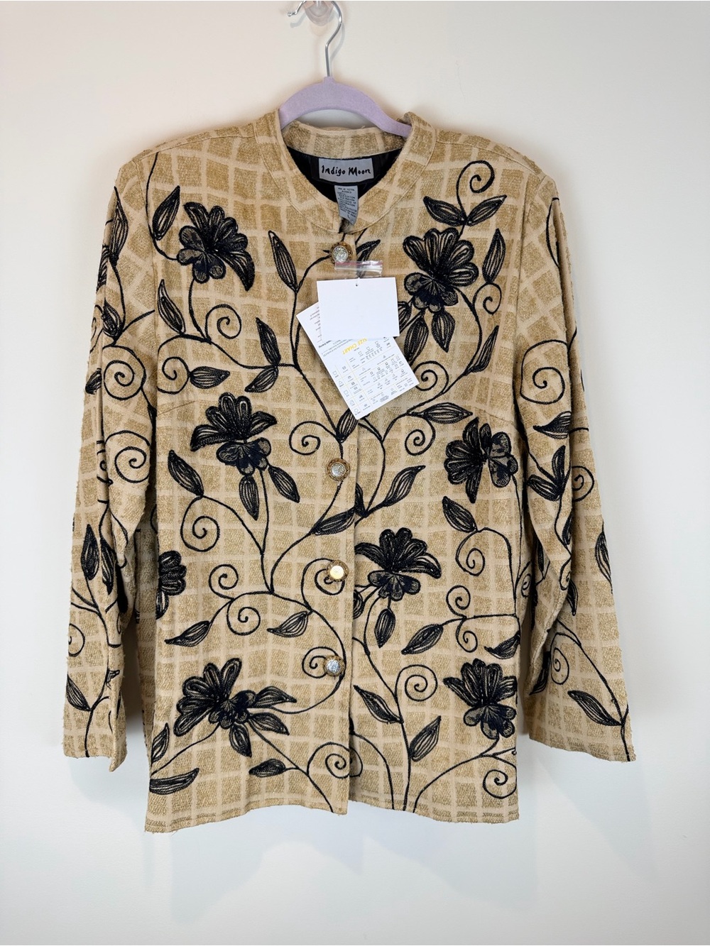 NWT Indigo Moon Beige & Black Floral Embroidered Blazer Jacket Large